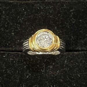 UTC Solitare Two Tone 925 Sterling Silver Gold Plated Engagement Ring Sz 7